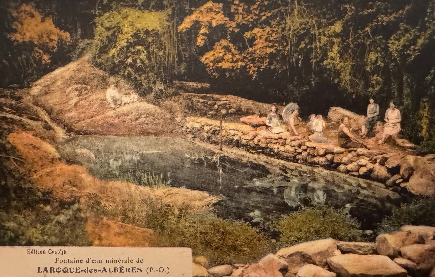 Carte postale ancienne colorisée de la fontaine d'eau minérale de Laroque-des-Albères