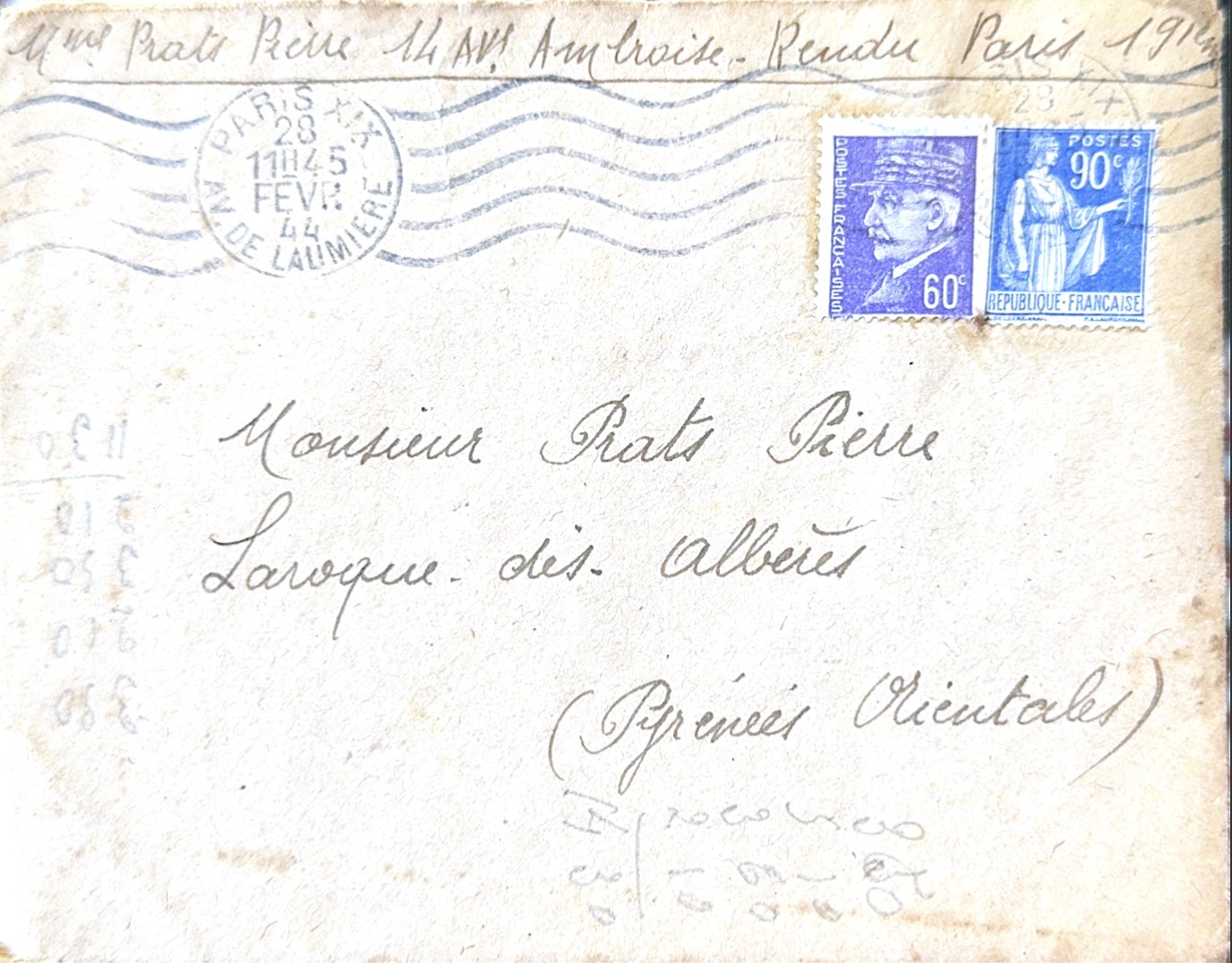 Enveloppe adressée à Monsieur Prats Pierre à Laroque-des-Albères, postée à Paris en février 1944