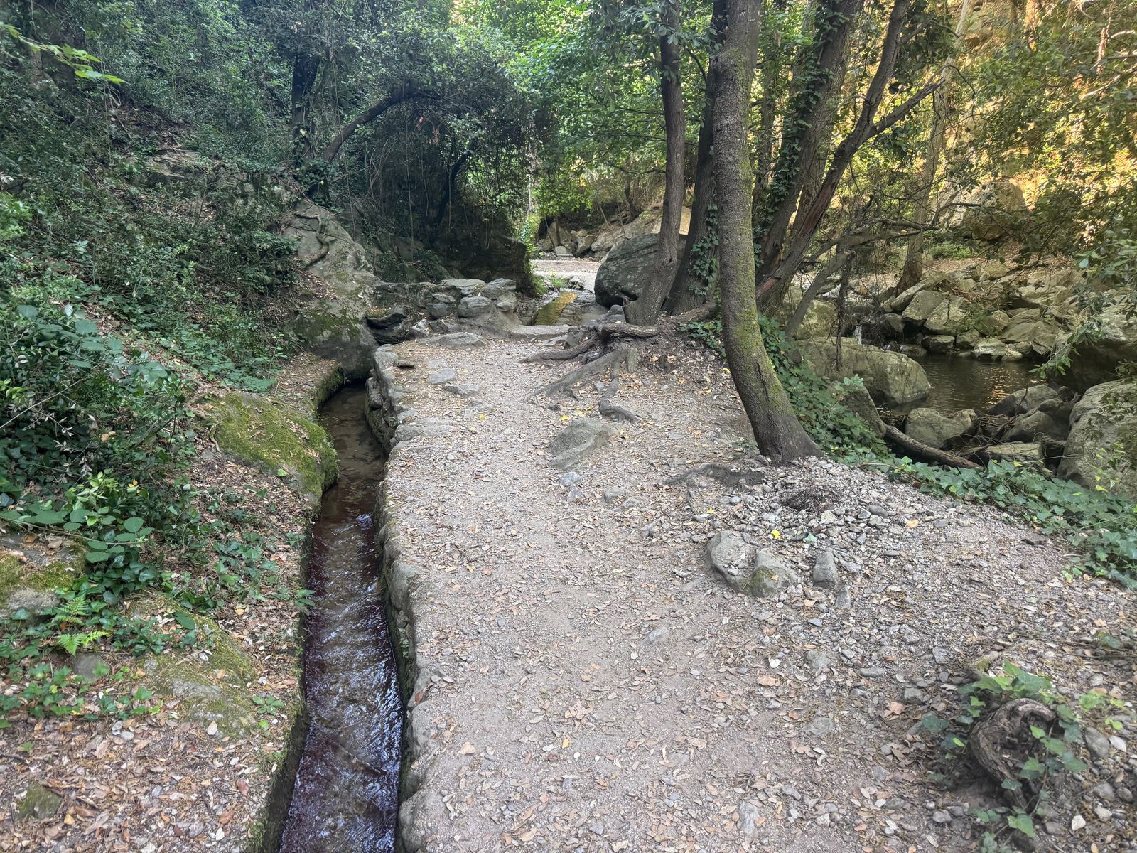Le sentier des Caranques à Laroque, longeant le canal d'arrosage en pierre sous les arbres