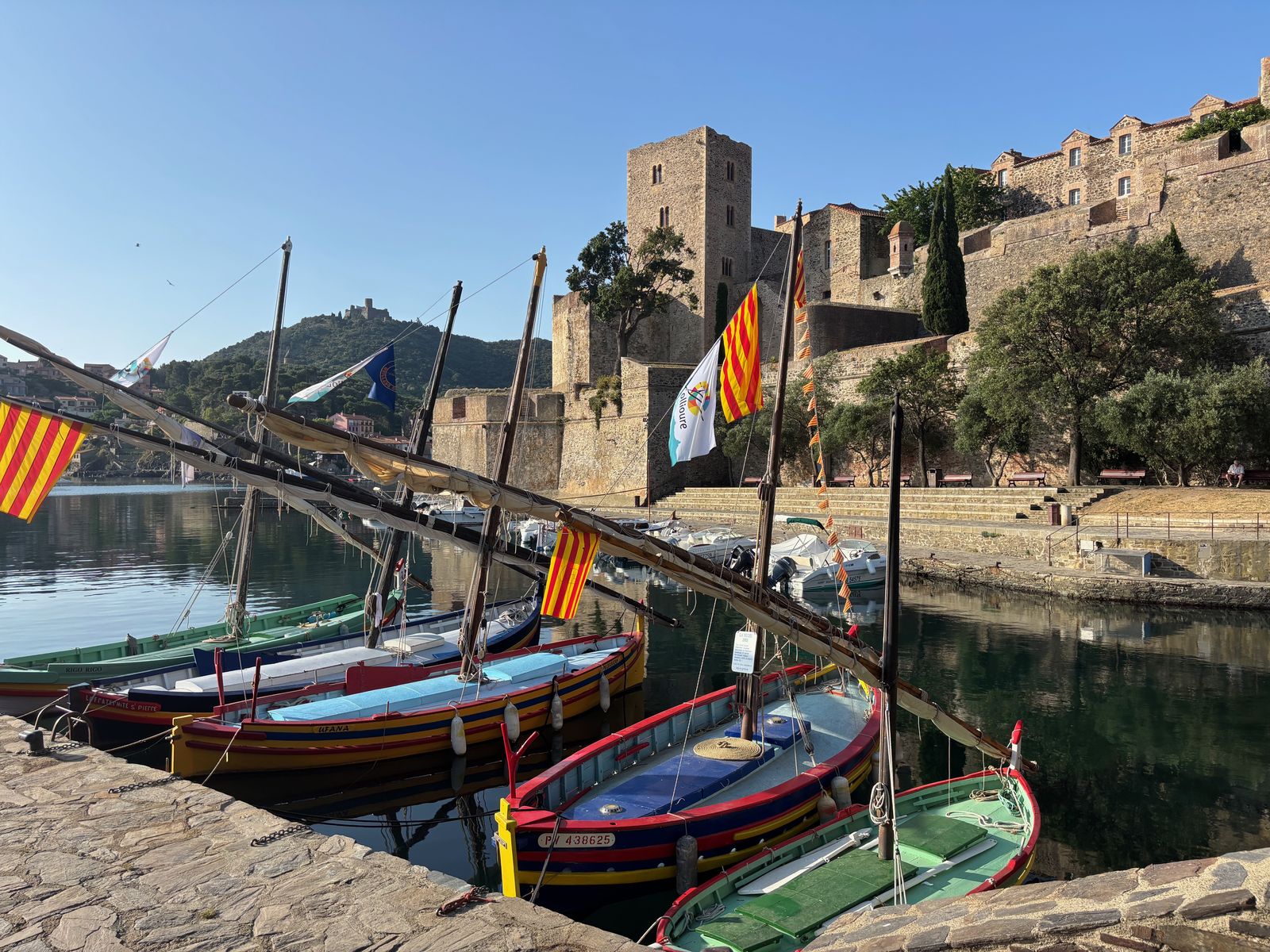 Barques catalanes pavoisées de senyeras dans le port de Collioure